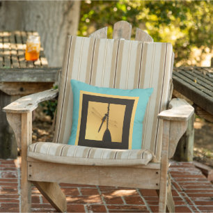 Dragonfly on Chain, Silhouette on Gold/Turquoise Outdoor Pillow