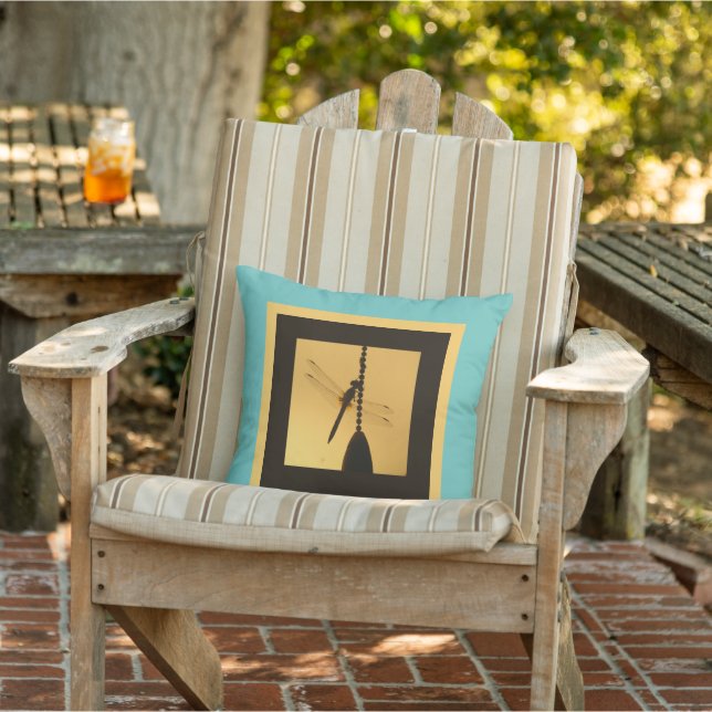 Dragonfly on Chain, Silhouette on Gold/Turquoise Outdoor Pillow (Chair)
