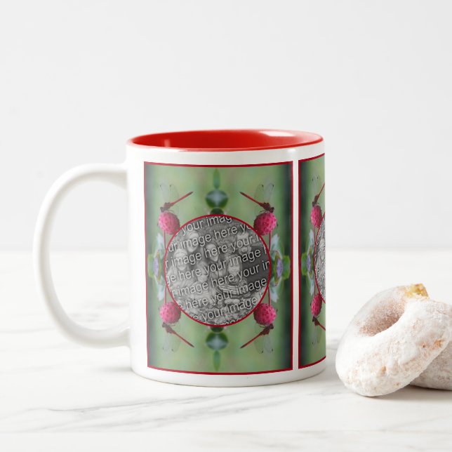 Dragonfly On Dogwood Fruit Create Your Own Photo Two-Tone Coffee Mug (With Donut)