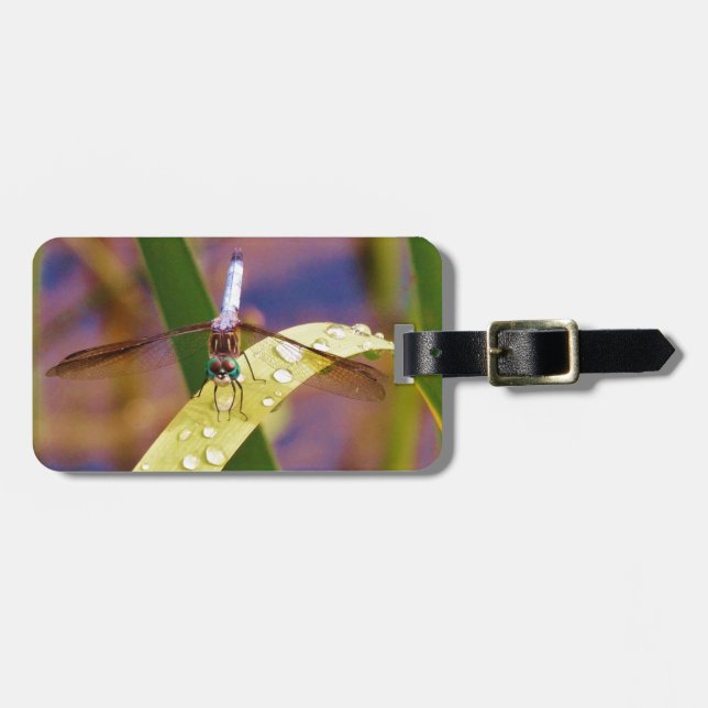 Dragonfly on raindrop leaf luggage tag (Front Horizontal)