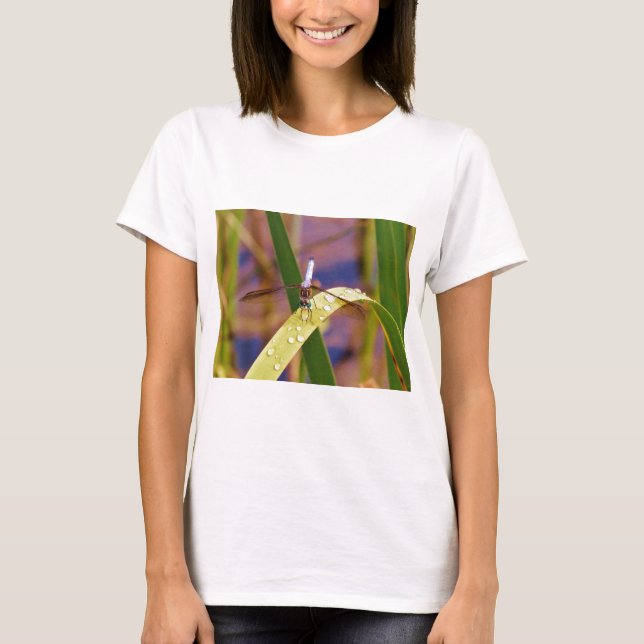 Dragonfly on raindrop leaf T-Shirt (Front)