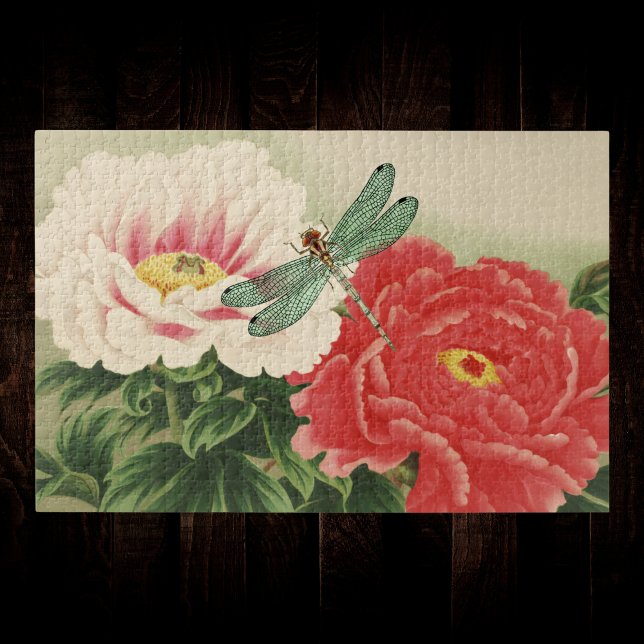 Dragonfly on Vintage Botanical Japanese Peonies Jigsaw Puzzle (Creator Uploaded)