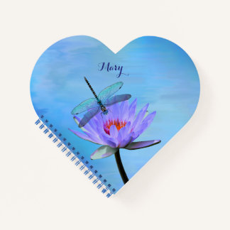 Dragonfly on Water Lily Heart Shaped Notebook