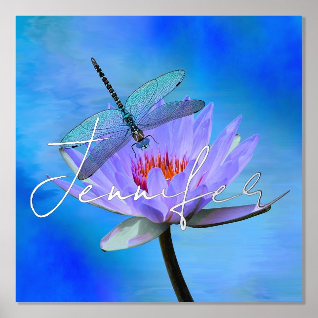 Dragonfly on Water Lily w Foil Name Foil Prints (Front)