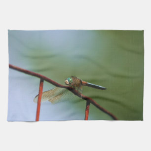 Dragonfly On Wire Fence Close Up Kitchen Towel