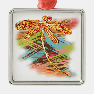 Dragonfly Orange Splash Metal Ornament