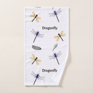 Dragonfly pattern on white hand towel