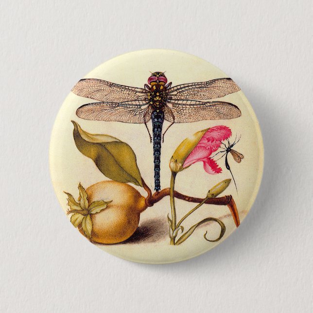 Dragonfly, Pear, Carnation, and Insect 2 Inch Round Button (Front)
