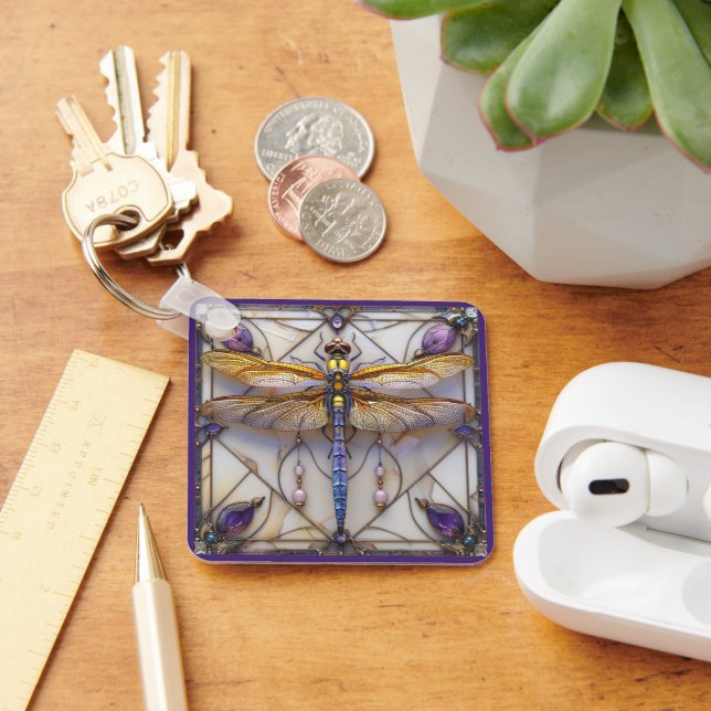 Dragonfly Pearls Amethyst Gold Mother of Pearl   Keychain (Desk)