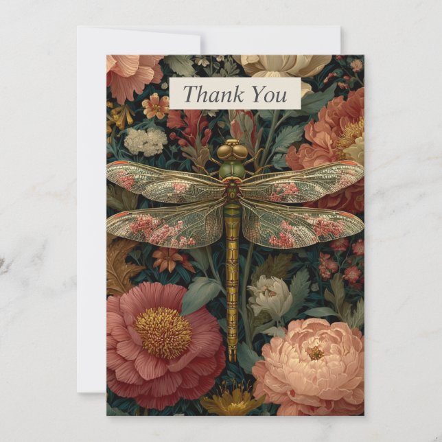 Dragonfly & Pink Flowers Thank You Card (Front)
