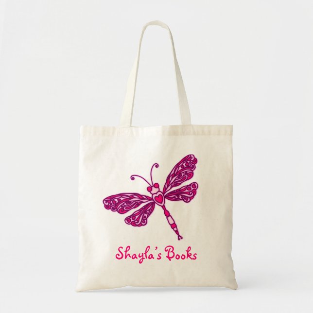 Dragonfly pink kids named library tote bag (Front)
