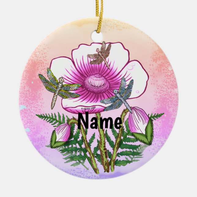 Dragonfly Pink Poppy  Ceramic Ornament (Front)