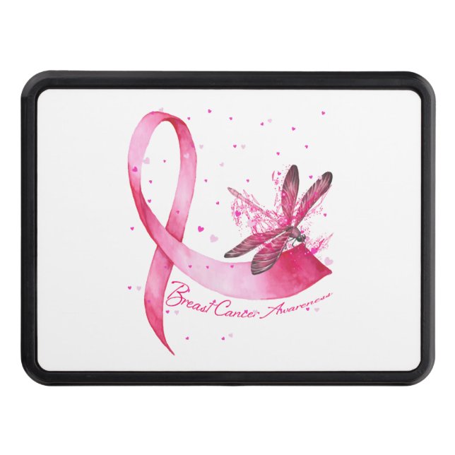Dragonfly Pink Ribbon Breast Cancer Awareness Trailer Hitch Cover (Front)