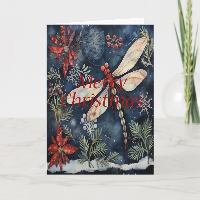 Dragonfly Poinsettia Berries Blue Christmas Card (Front)