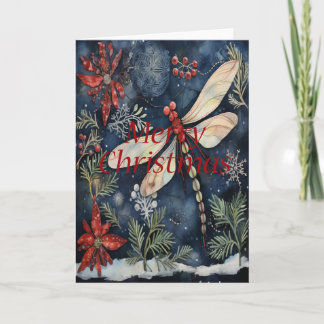 Dragonfly Poinsettia Berries Blue Christmas Card