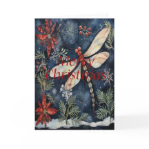 Dragonfly Poinsettia Berries Carte bleue de Noël