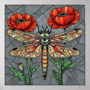 Dragonfly Poppy Flower Mystical All Seeing Eye Poster