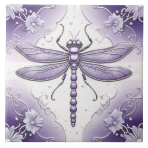Dragonfly Purple and White Flower Art Tile