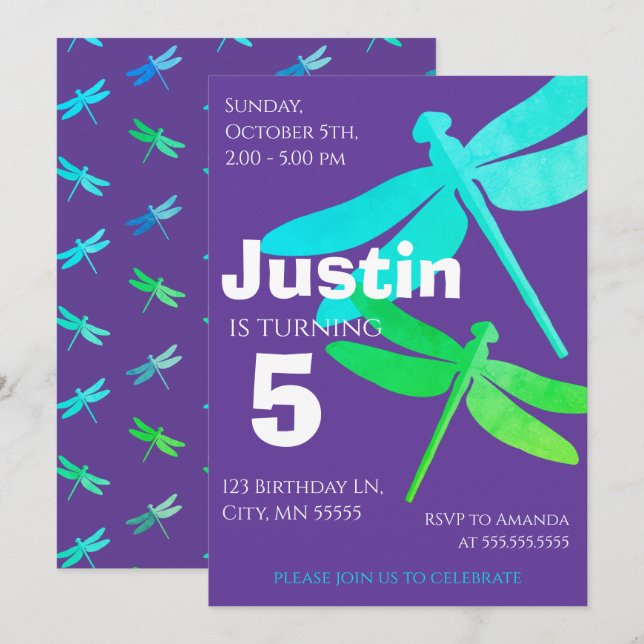 Dragonfly Purple Boy 5e Anniversaire Invitation (Devant / Derrière)