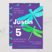 Dragonfly Purple Boy 5th Birthday Invitation