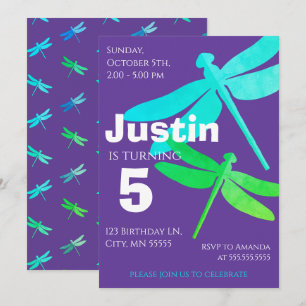 Dragonfly Purple Boy 5th Birthday Invitation