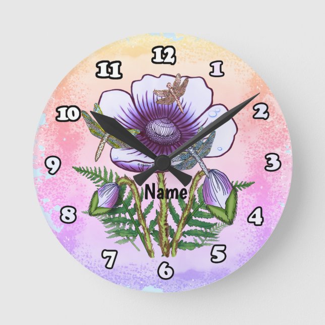 Dragonfly Purple Poppy Round Clock (Front)