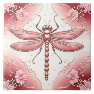 Dragonfly Red and White Flower Art Tile