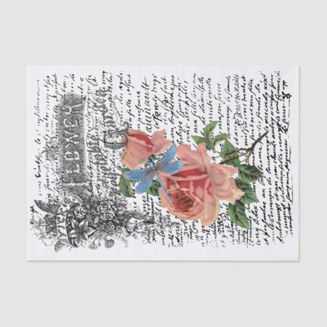 Dragonfly rose decoupage tissue paper (Front)