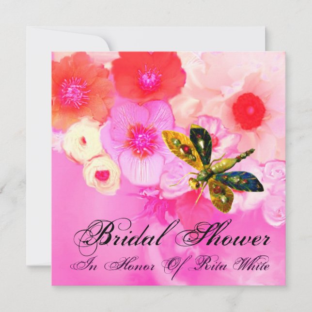 DRAGONFLY, ROSES AND ANEMONE FLOWERS BRIDAL SHOWER INVITATION (Front)