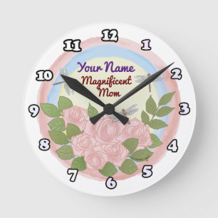 Dragonfly Roses Mom  Round Clock