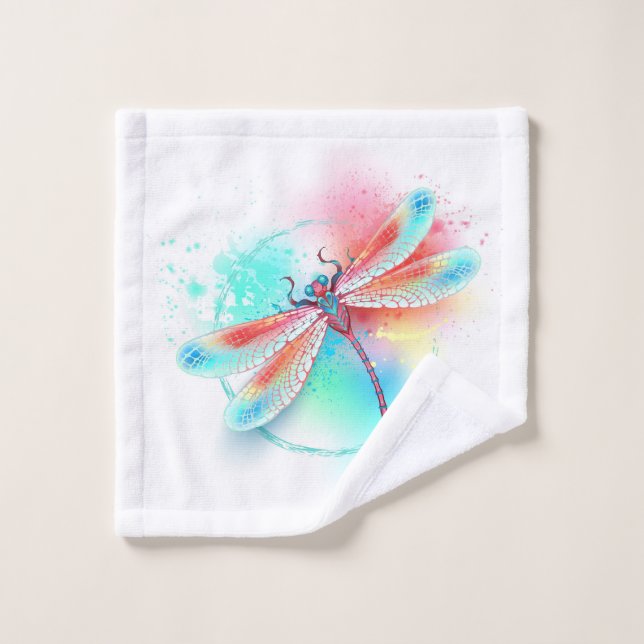 Dragonfly rouge sur l'arrière - plan aquarelle (Gant de toilette)