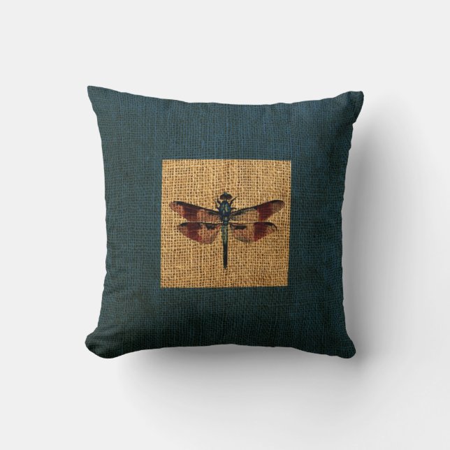 Dragonfly Rustic Deep Sea Blue Border Throw Pillow (Front)