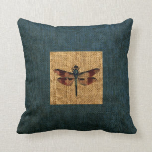 Dragonfly Rustic Deep Sea Blue Border Throw Pillow