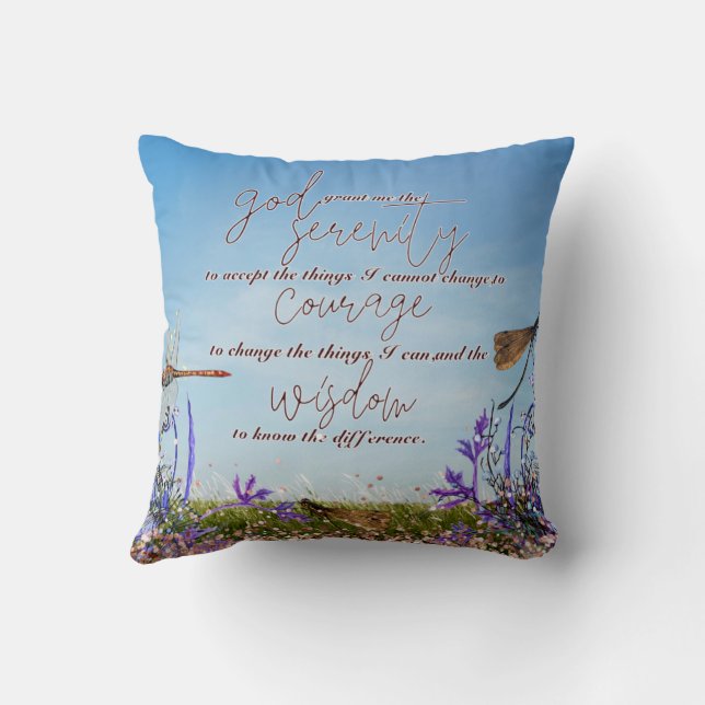 Dragonfly Serenity Prayer Faux Glitter Throw Pillow (Back)