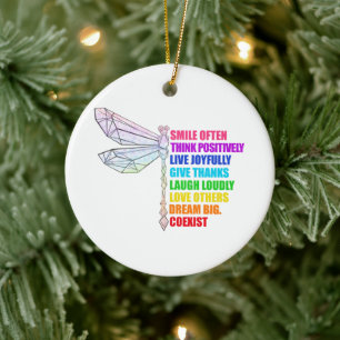 Dragonfly Smile Often Think Positively Quote Ceramic Ornament