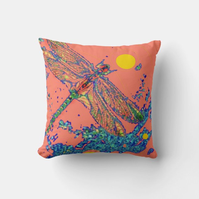 Dragonfly Splash Salmon Pillow by Sharles (Front)