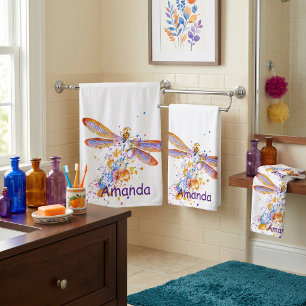 Dragonfly splatter personalized bath towel set
