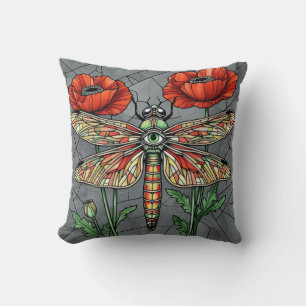 Dragonfly Stained Glass Poppies Mosaic Steampunk Throw Pillow