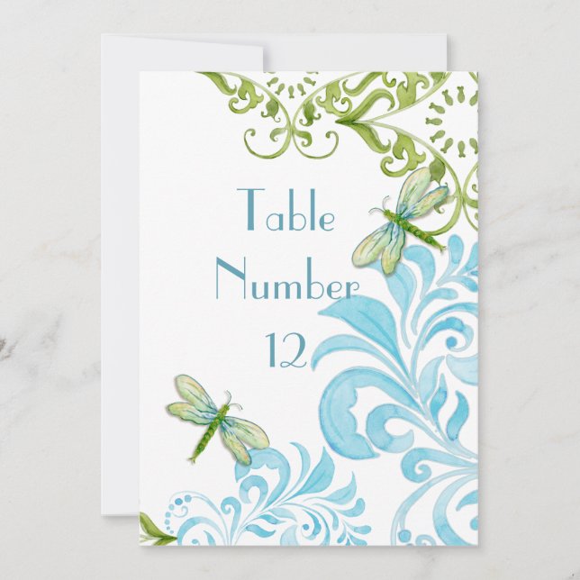 Dragonfly Swirls Scroll Modern Floral Table Number (Front)