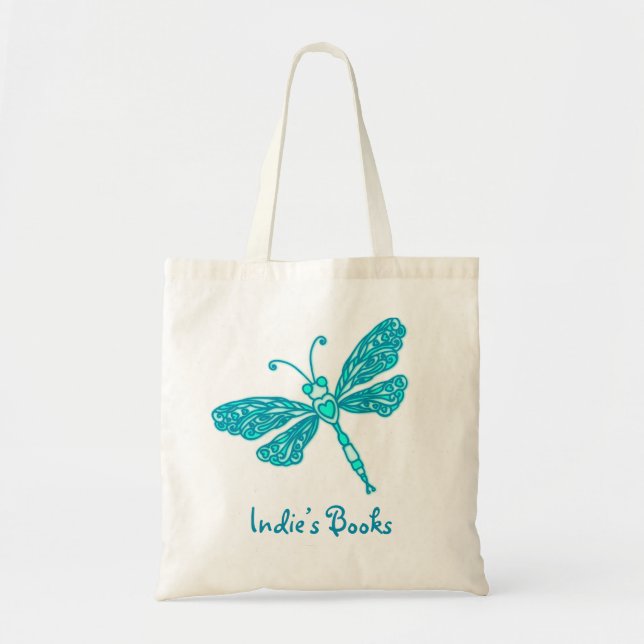 Dragonfly teal aqua kids named library tote bag (Front)