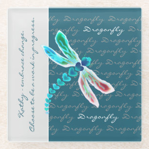 Dragonfly (Teal) - Personalized Glass Coaster