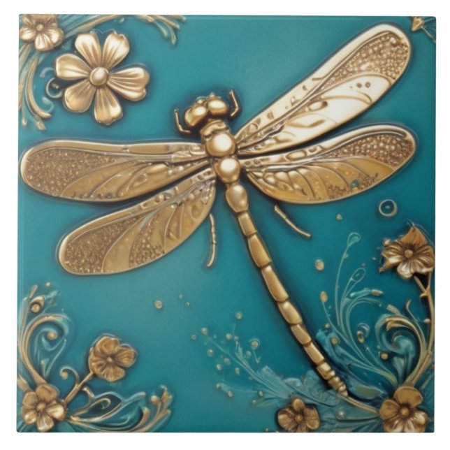 Dragonfly Turquoise Teal & Faux Gold Faux Relief Tile (Front)