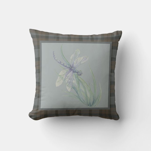 Dragonfly Watercolor Fraser Clan Tartan Plaid Throw Pillow (Front)