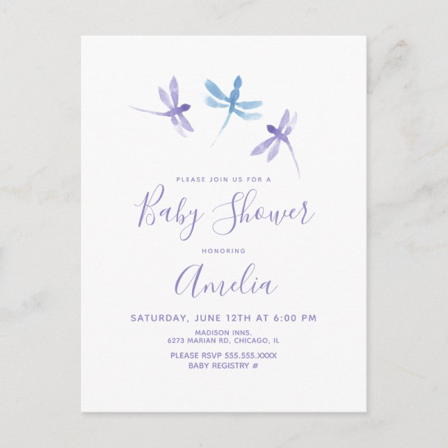 Dragonfly Watercolor Purple Blue Baby Shower Postcard (Front)