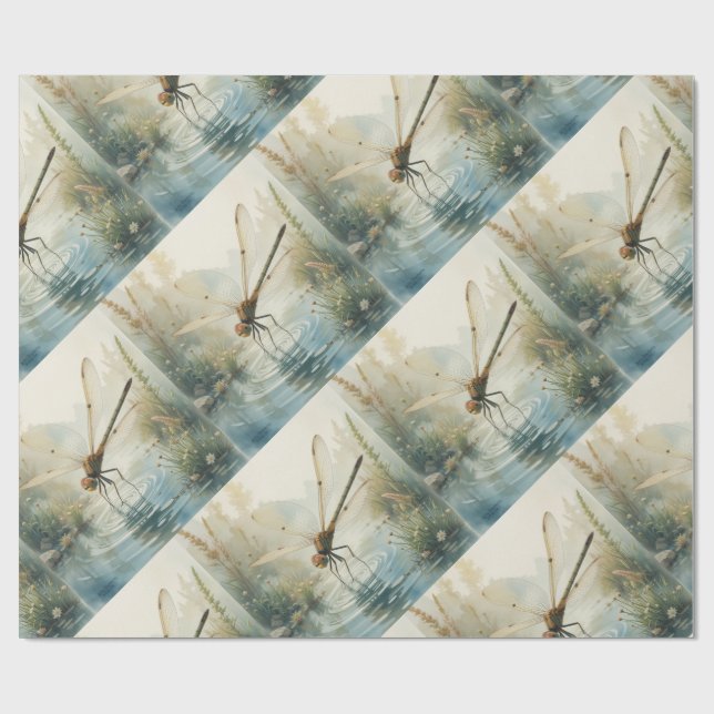  Dragonfly Watercolor Style Lake Wrapping Paper (Flat)