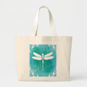 Dragonfly Watercolor White Aqua Blue Dragonflies Large Tote Bag