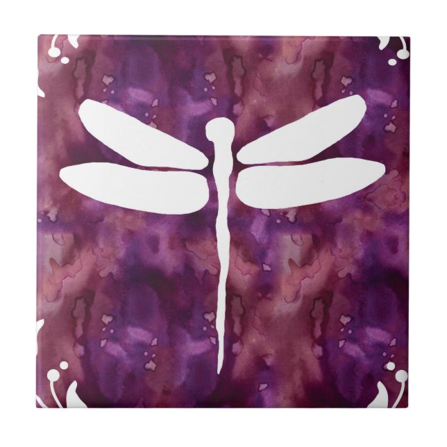 Dragonfly Watercolor White Purple Red Dragonflies Tile (Front)