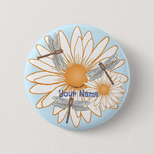 Dragonfly White Daisy 2 Inch Round Button (Front)