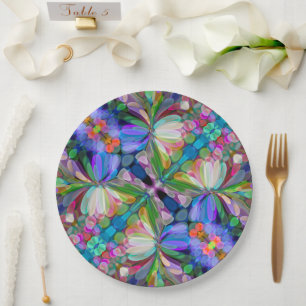 Dragonfly Wildflower Garden Abstract Floral Paper Plate