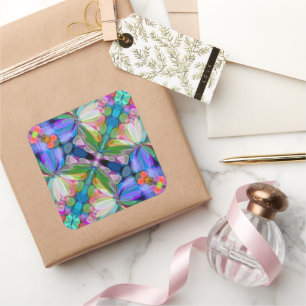 Dragonfly Wildflower Garden Abstract Floral Square Sticker